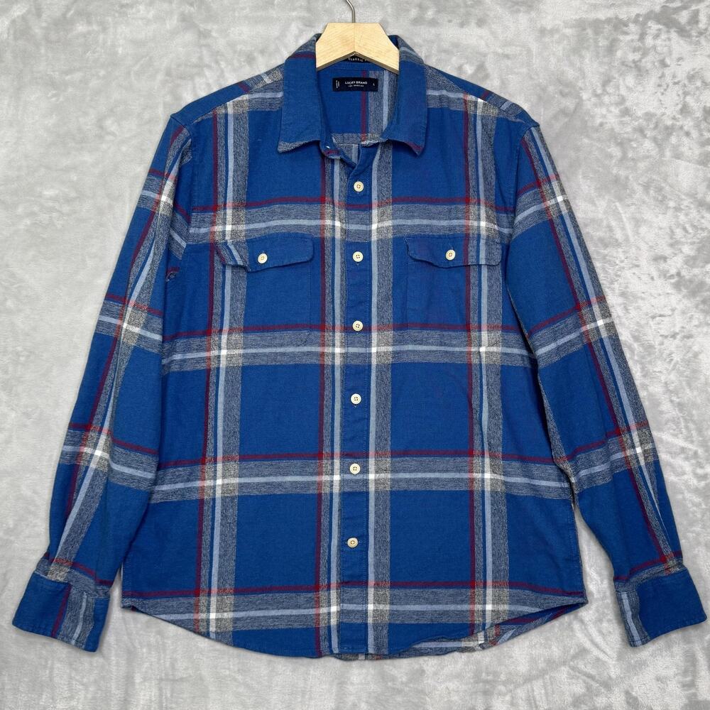 Lucky Brand Shirt Mens Large Blue Gray Plaid Flannel Long Sleeve Button Up